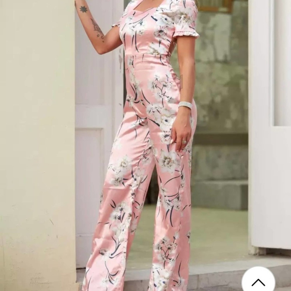 Pink Floral White Satin Jumpsuit - Picture 7 of 8